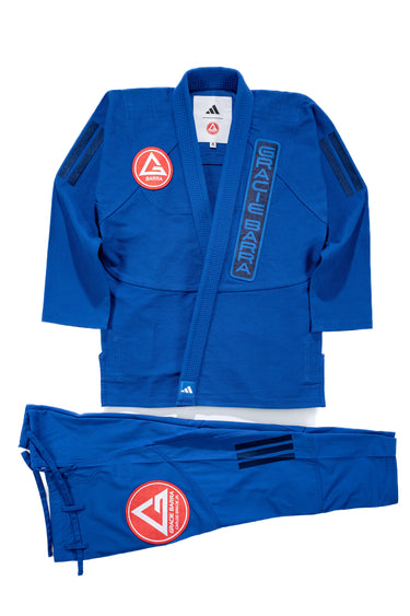 Blue Gracie Barra Axis Kimono by adidas with Red Shield chest logo and adidas shoulder stripes on a white background