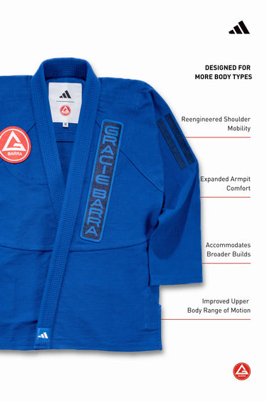 Blue Gracie Barra Axis Kimono by adidas jacket highlighting redesigned shoulder mobility and expanded armpit construction for improved range of motion