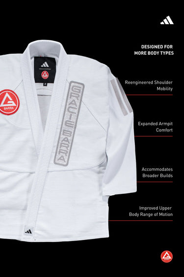 White AXIS Kimono by adidas jacket close-up highlighting ergonomic shoulder construction and expanded armpit design for improved mobility, with Gracie Barra shield and adidas branding.