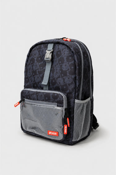 Barra Beachwalk Backpack in black with Barra Da Tijuca boardwalk pattern, front view showing mesh side pocket and red zipper pulls