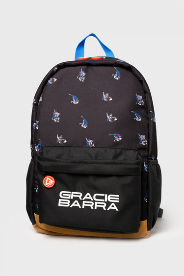 Front view of the Jiu Jitsu Kids Backpack in Black/Grey showing the illustrated jiu-jitsu pattern, front zip pocket, and Gracie Barra logo