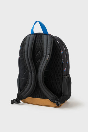Back view of the Jiu Jitsu Kids Backpack in Black/Grey showing the cushioned padded back panel and shoulder straps with brown suede bottom panel