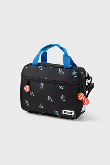Black and grey Jiu-Jitsu lunchbox with blue carry handles, featuring an all-over pattern of illustrated Jiu-Jitsu technique figures and Gracie Barra zipper pull patches