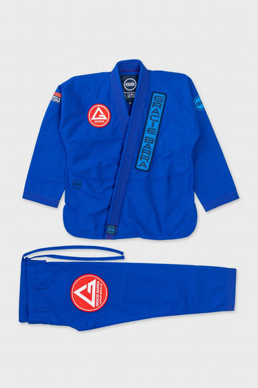 Blue womens Ripstop Lightweight Kimono jacket and pants laid flat, showing red and white Gracie Barra chest patch