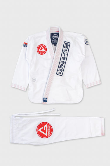 Gracie Barra women's white ripstop lightweight kimono jacket and pants laid flat, front view