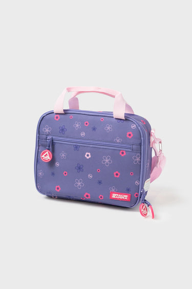 Purple Sakura Kids Lunchbox with pink floral pattern, pink handles, and pink adjustable shoulder strap, front view showing zippered pocket with Gracie Barra logo patch.