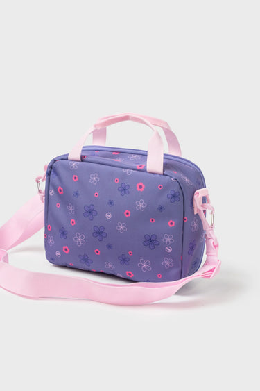 Purple Sakura Kids Lunchbox front view showing floral pattern, Pink Gracie Barra logo and front zippered pocket