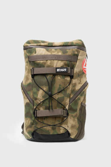 Tactical GB4 Backpack in camo, front view with bungee cord panel, Gracie Barra rubber patch & side mesh pocket.