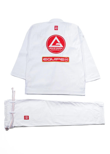 40 Year Anniversary white BJJ kimono back view with large Barra Shield, Equipe GB patch, and commemorative 40 Years tag