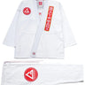 40 Year Anniversary Women's Kimono flat lay of jacket and pants with Barra Shield, Gracie Barra Patch, and Legacy G detail