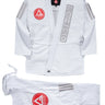 White AXIS Kimono by adidas for Gracie Barra with red Barra Shield on the jacket chest, gray adidas sleeve stripes, and matching white pants with red shield logo on a white background.