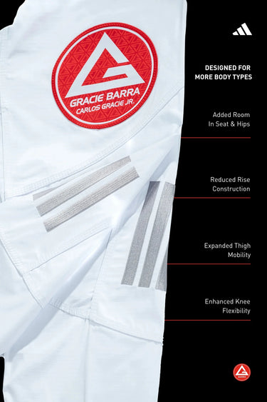 Womens AXIS Kimono by adidas in white, gi pants with red Gracie Barra Carlos Gracie Jr. patch, adidas leg stripes, and seat and knee mobility callouts.