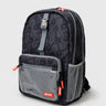 Barra Beachwalk Backpack in black with Barra Da Tijuca boardwalk pattern, front view showing mesh side pocket and red zipper pulls