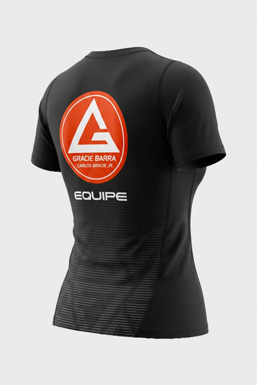 Back of the womens black Gracie Barra Close Contact rashguard with red Equipe logo and side panel