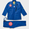 Blue Continuum Kimono by VG Jiu-Jitsu gi laid flat, jacket front with red Barra chest patch and GRACIE BARRA lapel embroidery, plus gi pants.
