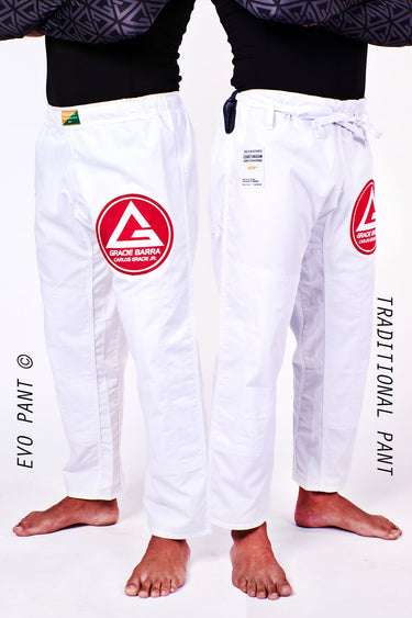 White Continuum Kimono Evo Pant and Traditional Pant side by side, showing the elastic waistband, drawcord tie, and red Gracie Barra thigh patches.