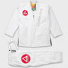White Continuum Kimono by VG Jiu-Jitsu gi laid flat, jacket front with red Barra shield patch and GRACIE BARRA lapel embroidery, plus gi pants.