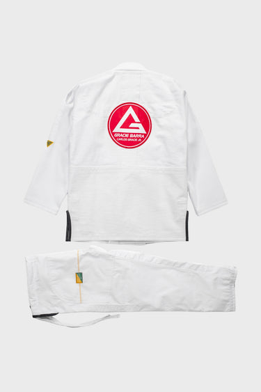 Back of the white Continuum Kimono by VG gi, jacket with red shield patch and pants with tonal VANGUARD leg embroidery.