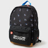Jiu Jitsu Kids Backpack in Black/Grey with illustrated jiu-jitsu pattern, blue top handle, Gracie Barra logo patch, and brown suede bottom panel