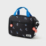 Black and grey Jiu-Jitsu lunchbox with blue carry handles, featuring an all-over pattern of illustrated Jiu-Jitsu technique figures and Gracie Barra zipper pull patches