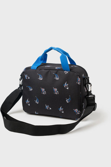Black and grey Jiu-Jitsu lunchbox with blue top handle and detachable black shoulder strap, side view