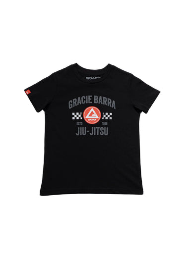 Full front view of black Gracie Barra kids Ready Set Roll t-shirt with GB logo and Jiu-Jitsu graphic on white background