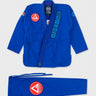 Blue Gracie Barra Ripstop Lightweight Kimono jacket and pants laid flat, showing red GB chest patch and shoulder embroidery