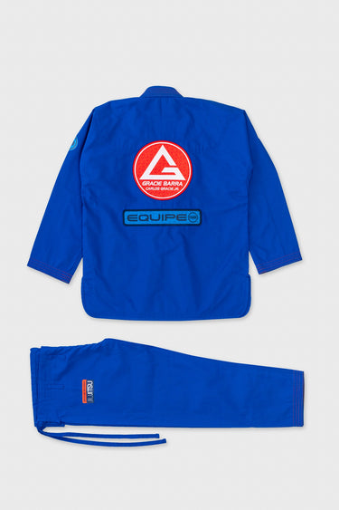 Back view of the blue Gracie Barra Ripstop Lightweight Kimono jacket and pants with large red GB back patch and Equipe badge