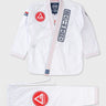 Front view of the white Ripstop Lightweight Kimono jacket and pants laid flat, with red Gracie Barra chest patch, red-and-white striped lapel, and matching red logo patch on the pants