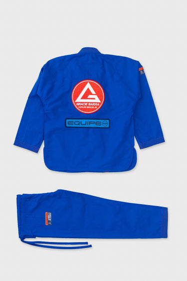 Back view of the blue womens Ripstop Lightweight Kimono jacket and pants with red Gracie Barra circle logo and Equipe patch