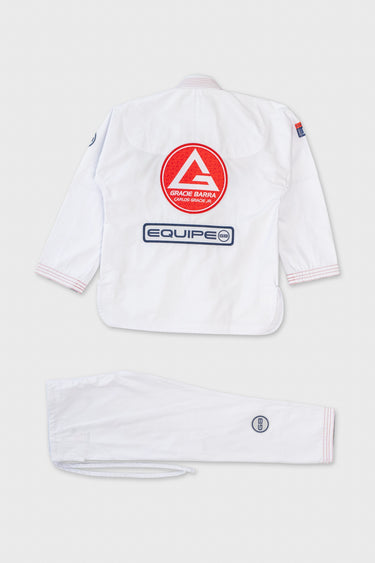 Back view of Gracie Barra women's white ripstop lightweight kimono jacket with red logo patch and matching pants