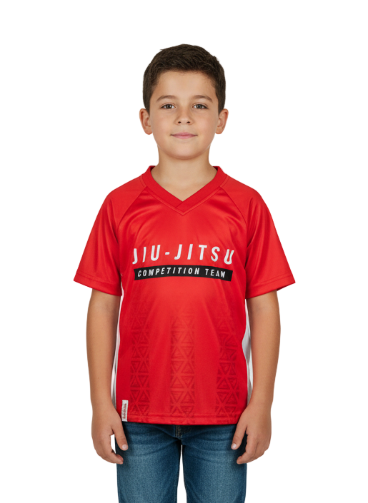 Child wearing a red 'Jiu-Jitsu Competition Team' jersey on a white background