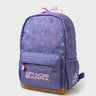 Purple Sakura floral Gracie Barra backpack, front angle, with pink Stacked wordmark, Legacy G Brazilian Jiu-Jitsu side print, and brown suede leather base.