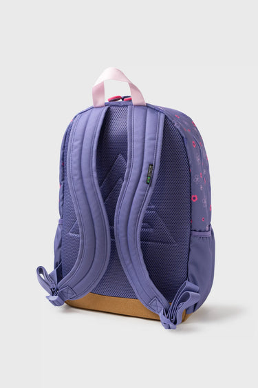 Purple Sakura Backpack back view showing padded mesh back panel, cushioned shoulder straps, pink top handle, and brown suede bottom panel