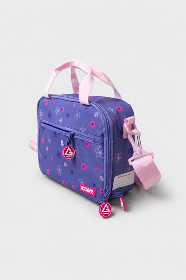 Purple Sakura Kids Lunchbox front view showing floral pattern, Pink Gracie Barra logo and front zippered pocket