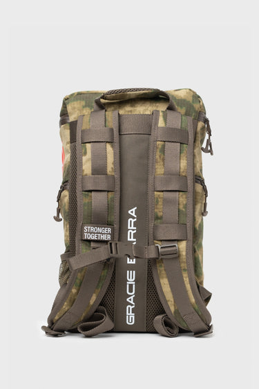 Tactical GB4 Backpack in camo, back view showing padded shoulder straps, MOLLE webbing, STRONGER TOGETHER tab & vertical Gracie Barra wordmark.