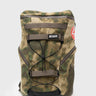 Tactical GB4 Backpack in camo, front view with bungee cord panel, Gracie Barra rubber patch & side mesh pocket.