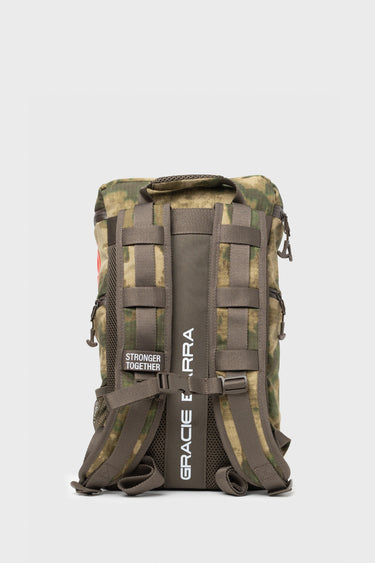 Back view of the camo Tactical GB4 Backpack Compact with padded shoulder straps, MOLLE webbing panel, and vertical GRACIE BARRA print
